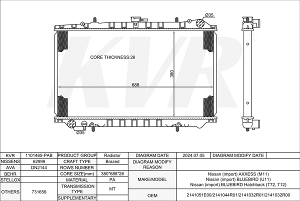 NISSAN MPV,1988-94 CA20E RADIATOR